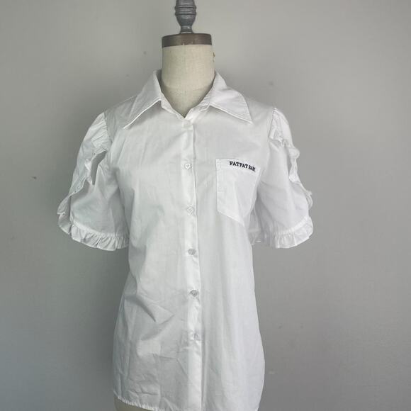 Ruffled Short Sleeve Button Up, Size L - Picture 3 of 7